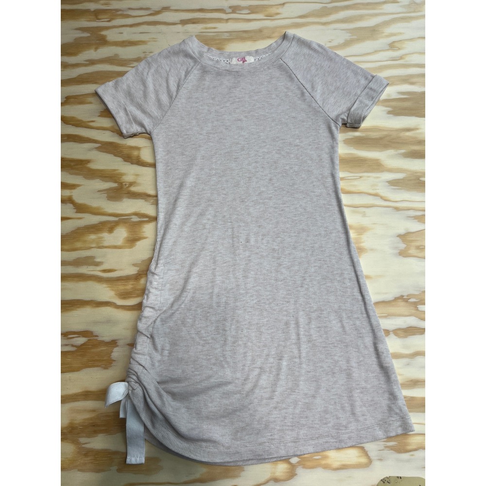 GB Girls Ribbed Knit Side Ruched Tie Dress Heather Beige Short Sleeve Size M
